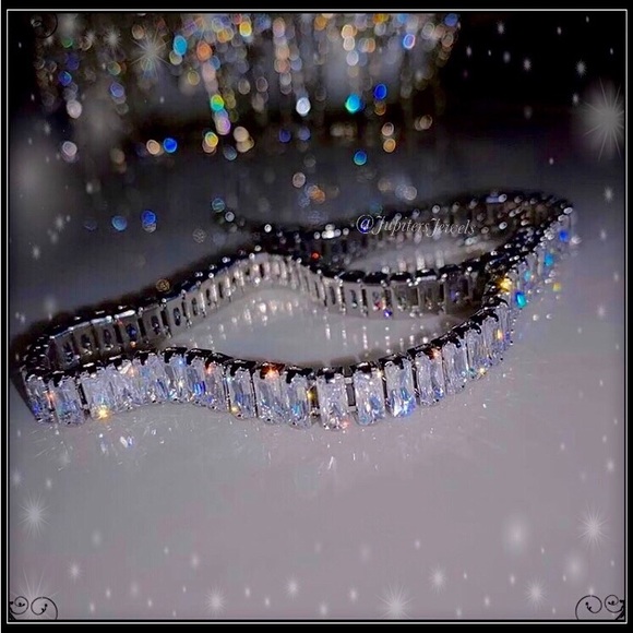 BAGUETTE CUT SQUARE SIMULATED DIAMOND CHOKER TENNIS 14k WHITE GOLD NECKLACE - Picture 4 of 6